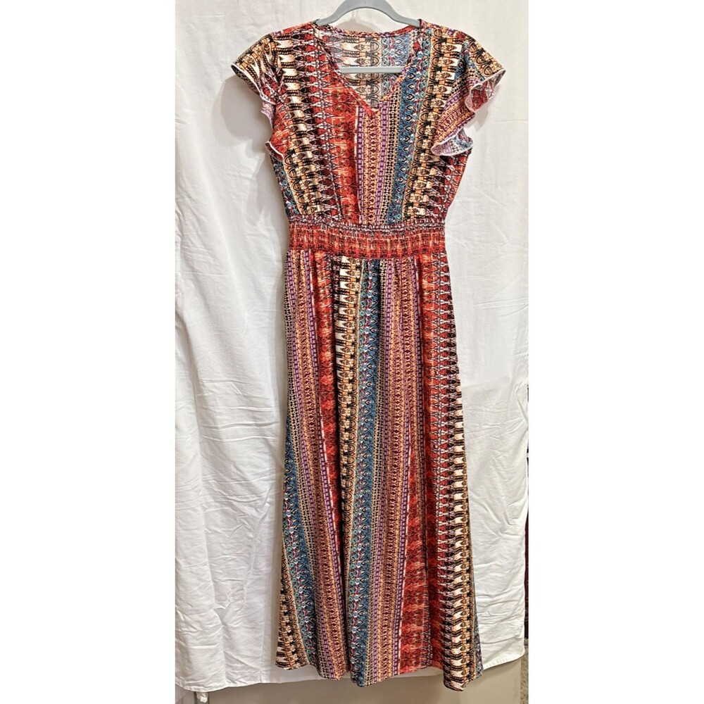 Womens M Boho Maxi Dress Multicolor Tribal Print Smocked Waist Flutter Sleeve
